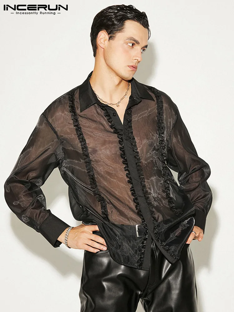 INCERUN Tops 2022 American Style Men Fashion Lace Thin Blouse Casual Well Fitting Male See-through Mesh Long Sleeve Shirts S-5XL