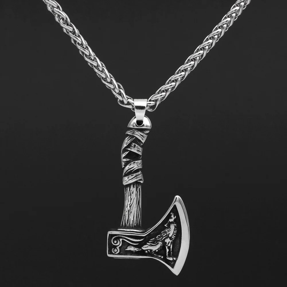 Viking Stainless steel Axe Raven Wolf Necklace Norse Jewelry with valknut gift bag |