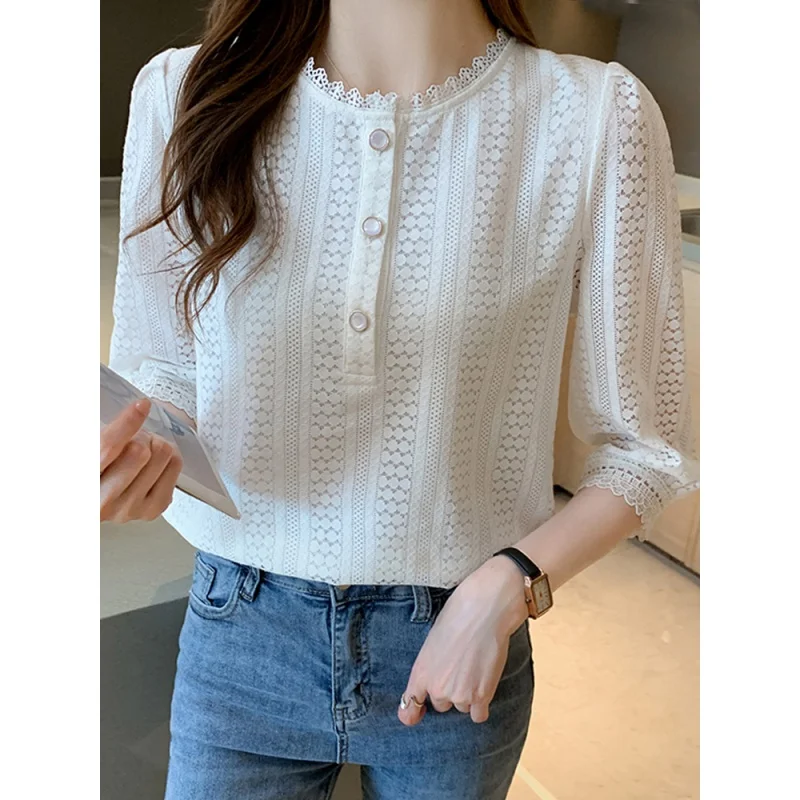 

Summer women hollow lace blouse shirt women tops blouses women's blusas mujer de moda 2022 verano elegantes blouses shirts f429