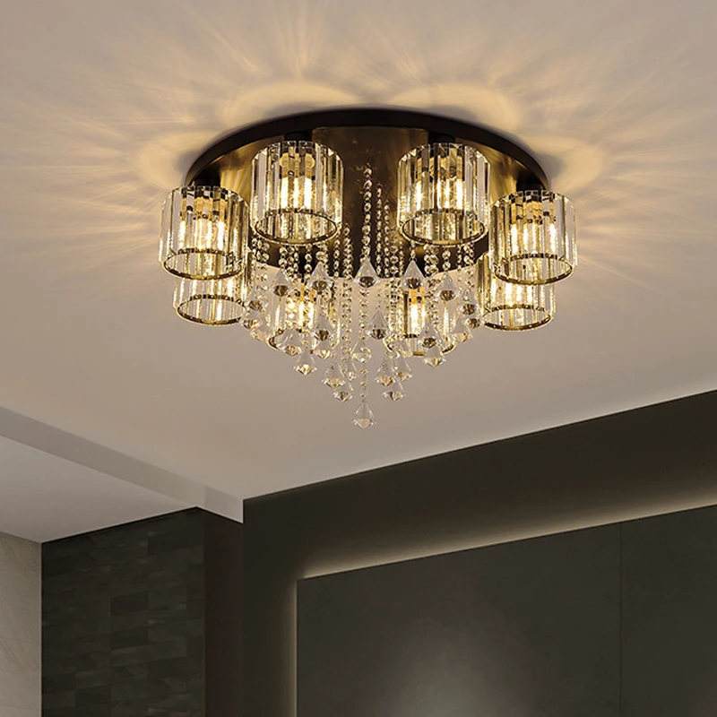 

Modern Crystal Round Atmospheric Ceiling Light For Living Room Bedroom Model Room Black Or Golden Luxury Lustre Indoor Lamp