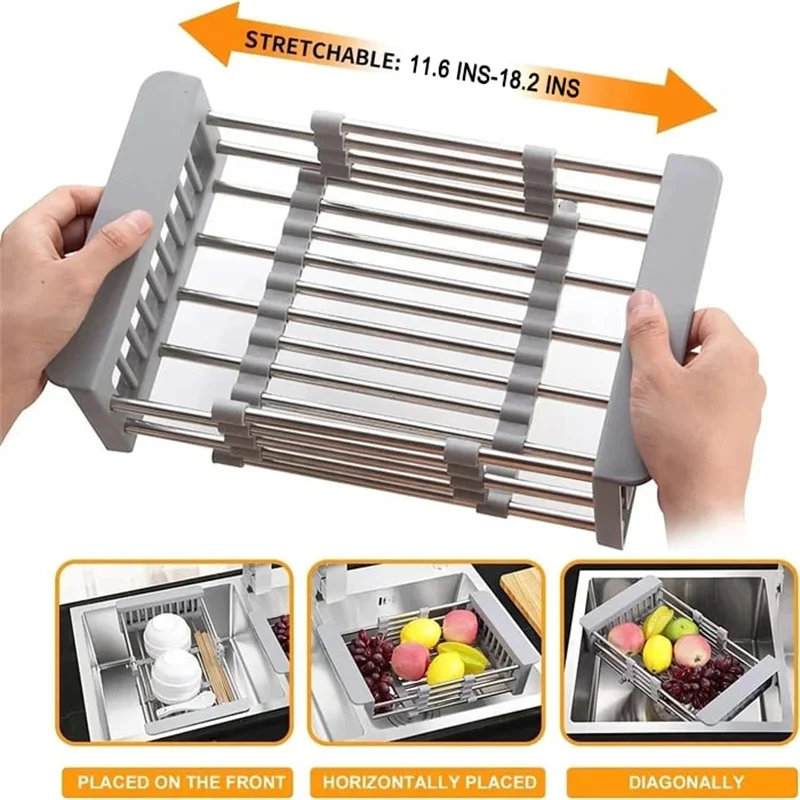 

Telescopic Dish Drainer Stainless Steel Sink Drain Dish Rack Fruit Vegetable Drainer Kitchen Tableware Drain Basket Rack Storage