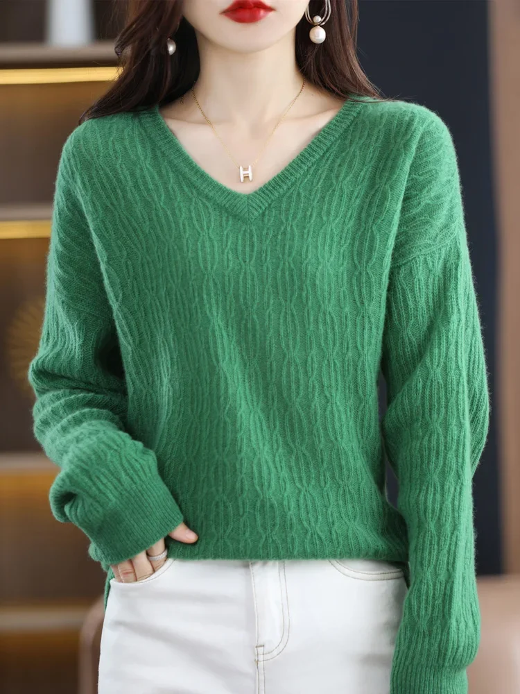 Женский трикотажный свитер из 100% мериносовой шерсти с V-образным вырезом