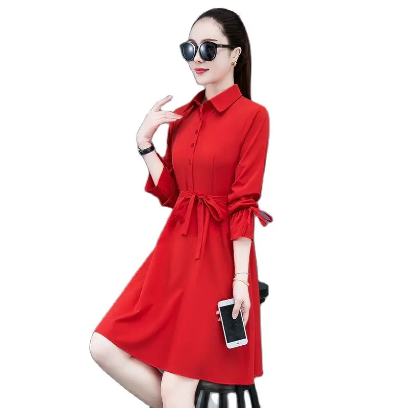 

Женское платье весна-лето 2023 новая женская одежда корейские модные платья с длинным рукавом шикарная элегантная красная юбка-рубашка