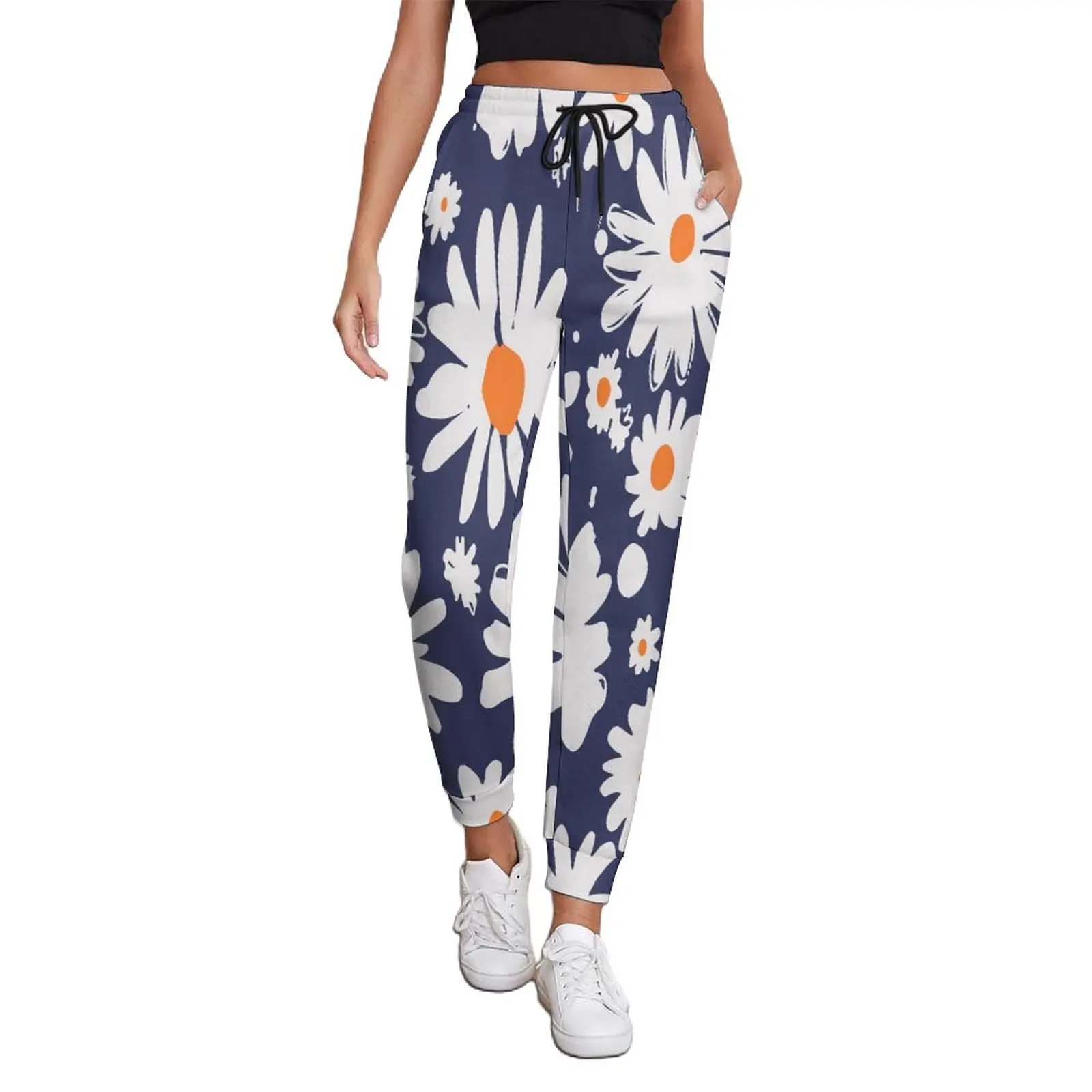 

Daisies White Blue Pants Spring Abstract Flowers Design Kawaii Joggers Women Street Fashion Print Trousers Big Size
