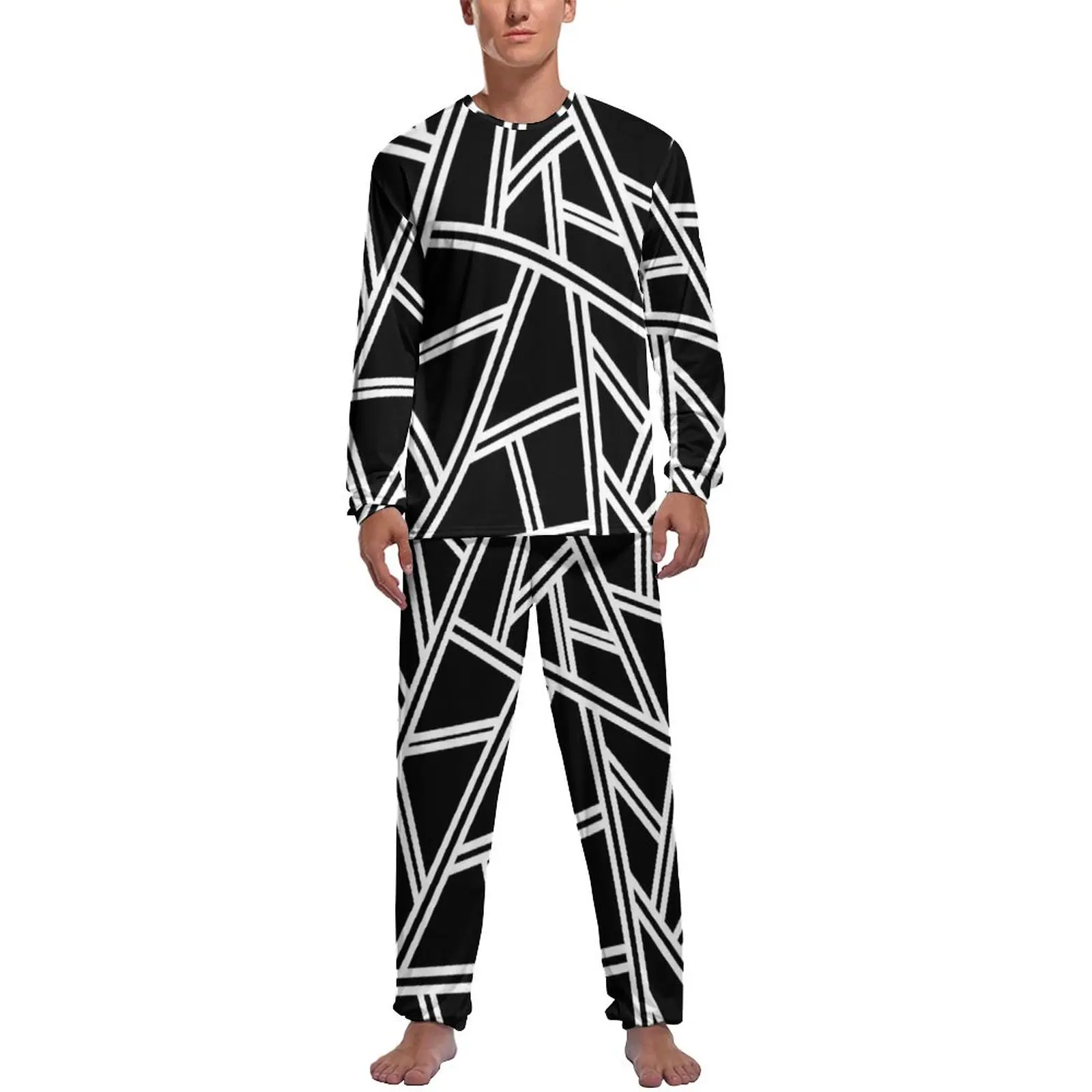 Abstract Geometry Pajamas Spring Black Lines Print Sleep Sleepwear Male Two Piece Printed Long Sleeve Romantic Pajama Sets