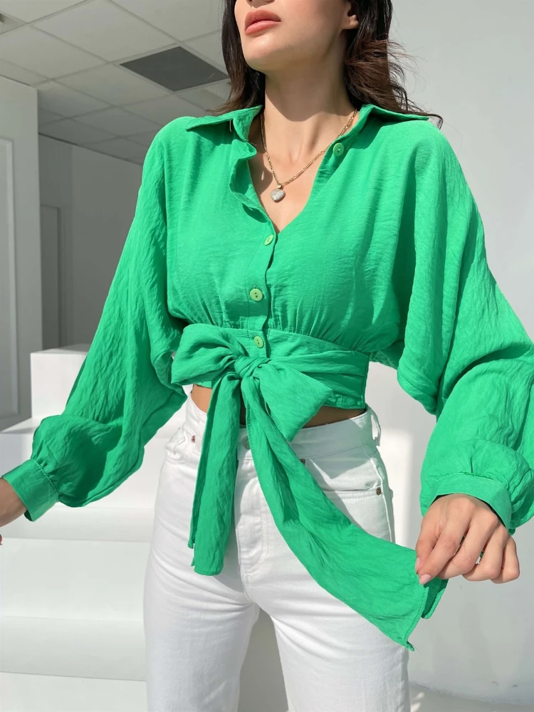 

Blouses Shirts Lace Up Women's Clothing Cropped Tops Long Bat Sleeve Tunic Cardigan Spring/Summer Loose Shirt Blouses Coquette