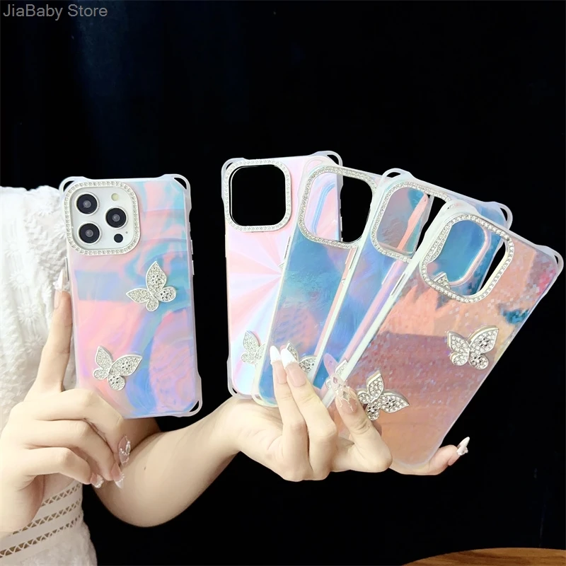 Жидкий Блестящий Защитный чехол с бабочкой для камеры iPhone 11 12 13 14 15 16 Pro Max Plus