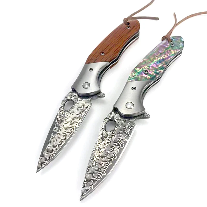 

305 Damascus Folding Knife Natural Rosewood Handle 60HRC High hardness Bearing Hunting Knife EDC Tool