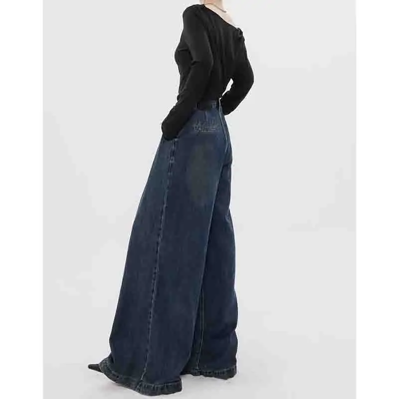 Kohuijoo Vintage Washed Wide Leg Jeans for Women 2023 Autumn Design High Waist Loose Pants Denim Mopping Trousers Streetwear