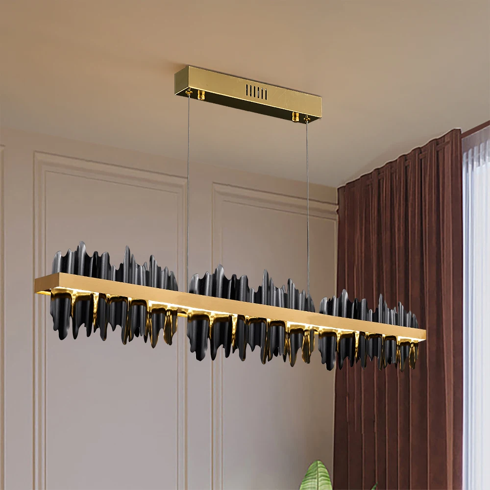

Modern Rectangle Chandelier For Living Room With Remote Control Design LED Hanging Lamp Kitchen Island Gold Black Light Fixtures