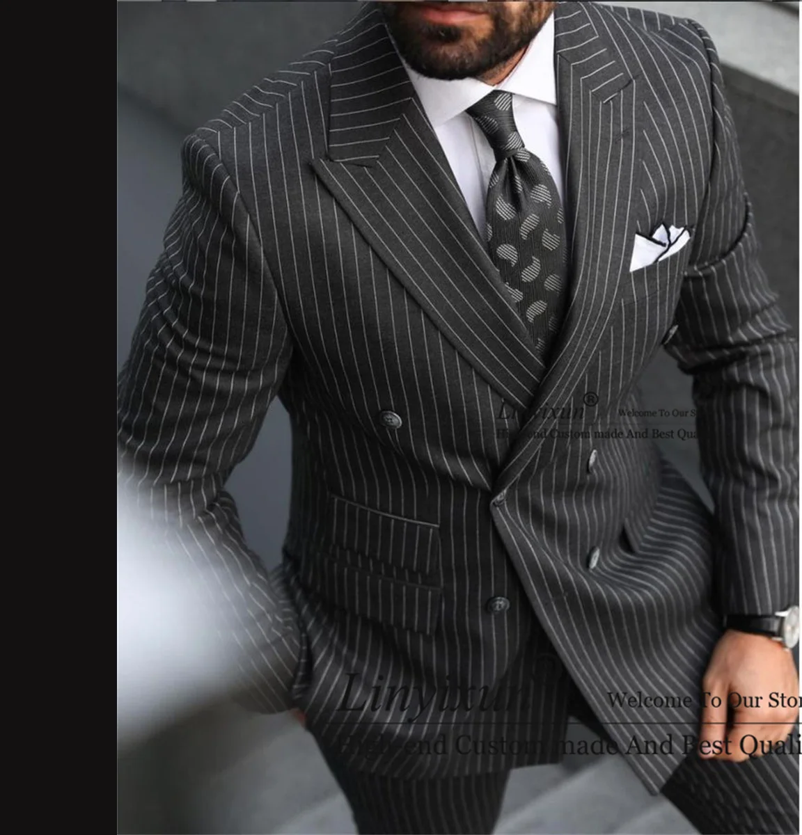 

Деловые полосатые мужские костюмы, двубортные Свадебные смокинги для жениха, деловые мужские блейзеры, комплекты из 2 предметов, элегантные костюмы для мужчин