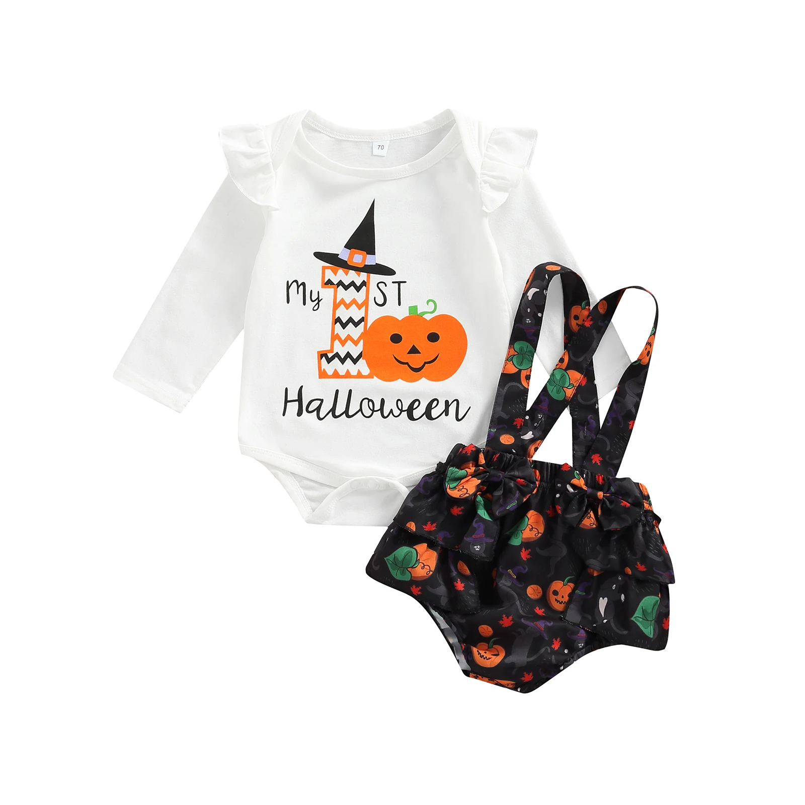 

2022-07-02 Lioraitiin 0-24M Infant Baby Halloween Clothes Set Digital Print Long Sleeve Top Pumpkin Ruffled Suspender Shorts