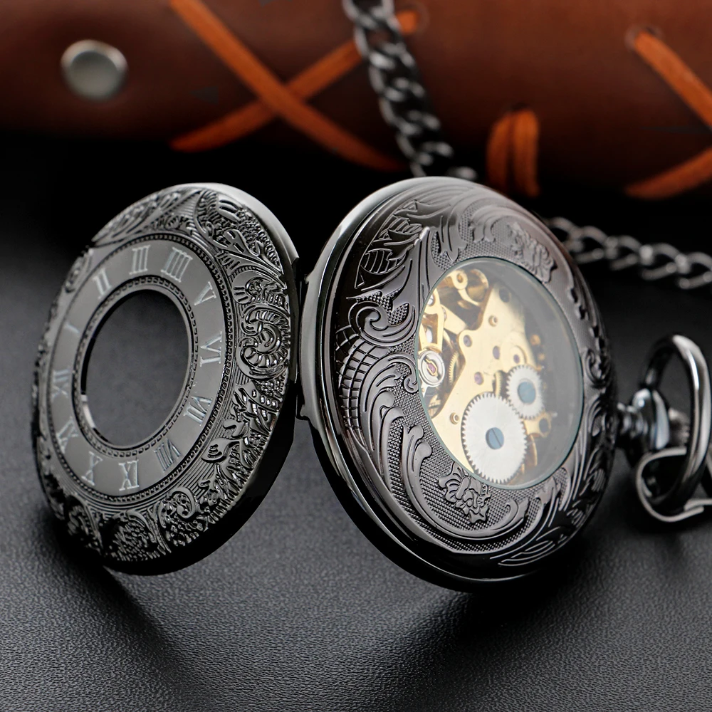 Black Digital Display Hollow Mechanical Pocket Watch Retro with Chain Steampunk Clock Men and Women Jewelry Necklace Gift