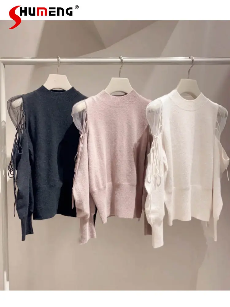 Japanese Style Solid Color Sweaters 2022 Autumn and Winter New Tulle Stitching Knitwear Pullover Solid Color Knitwear Pull Femme