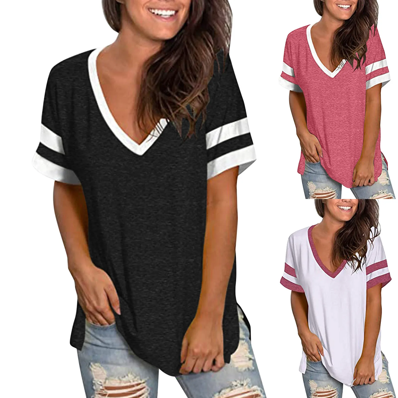 

Womens Summer Tops Short Sleeve V Neck T Shirts Tee Stripe Solid Side Split Tunic Womens Turtleneck Long Sleeve Tops