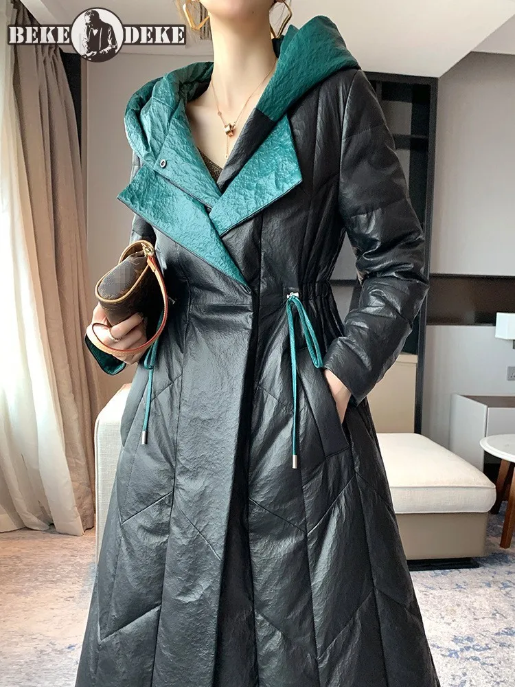 

Fashion Women Winter Long Thick Warm Down Jacket Windproof Lady Designer Sheepskin Genuine Leather Overcoat Hoody Outwear Coat
