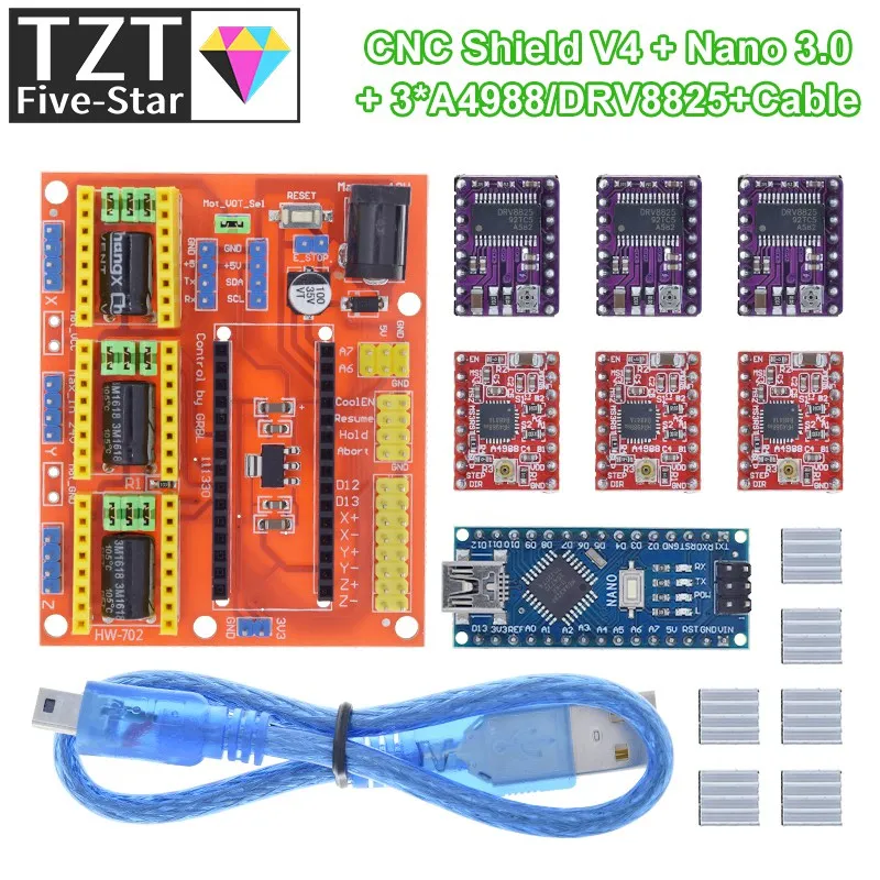 TZT 1 комплект 3DV4 CNC Shield V4 + Nano 3 0 шт. DRV8825 или A4988 Reprap Stepper для Arduino | Электронные