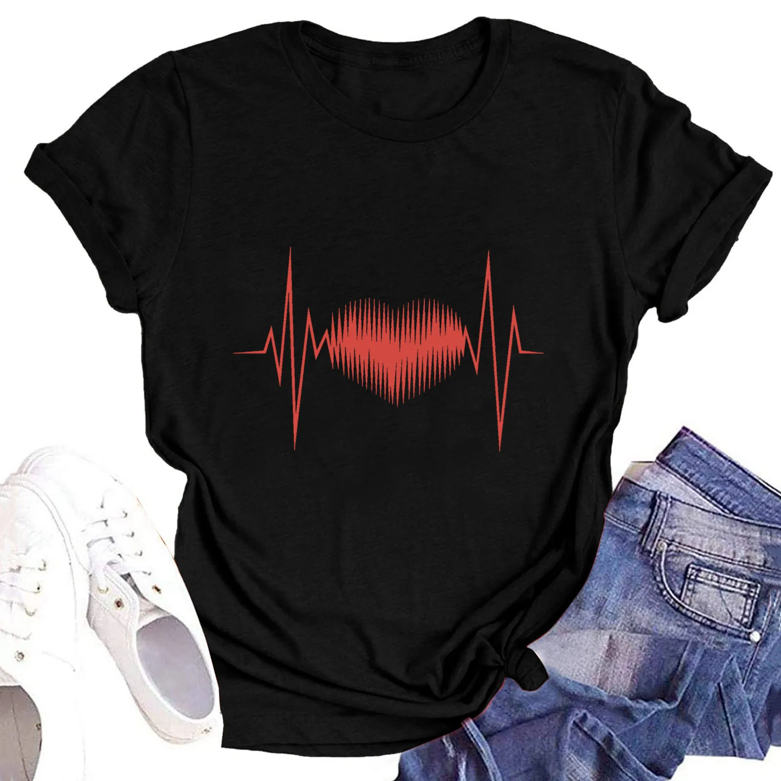 

Ecg Heartbeat Print T Shirt Women Valentine's Day Clothes Tee Top Short Sleeve Round Neck Slim Black Tee Shirt Loose Tunic Daily