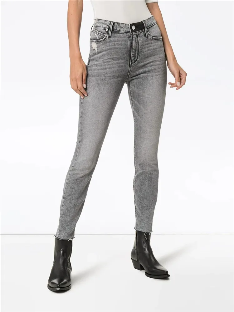 

108254 New Style In Early Autumn Smoky Grey High Waist Versatile Elastic Tight Show Thin Pencil Pants Rough Edge Cropped Jeans