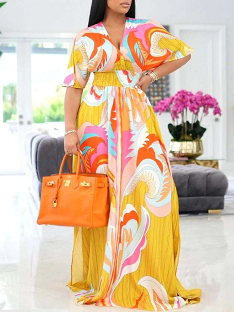 

Женское повседневное пляжное платье с принтом, элегантное платье Бохо С V-образным вырезом, коротким рукавом и высокой талией, женское летне...