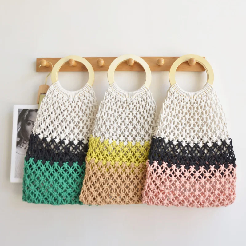 

Mesh Hollow Tote Bag with Wooden Round Handle Women's Woven Top-Handle Handbag
