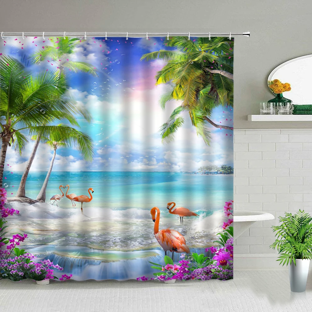 

Summer Flamingo Pink Animal Shower Curtain Ocean Palm Tree Flower Sea Landscape Bathroom Screen Bathtub Decor Hanging Curtains