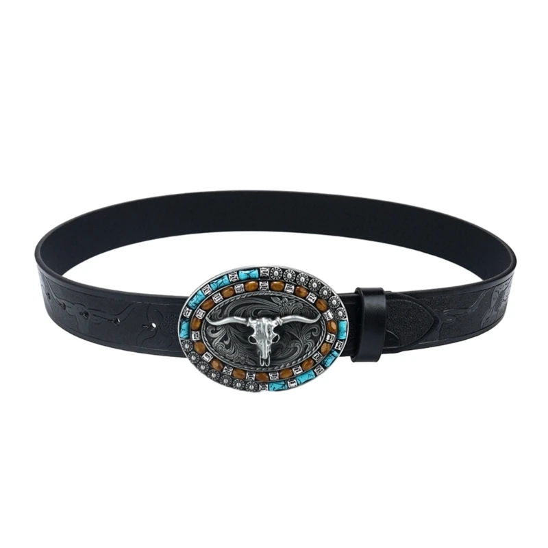 

MXMB PU-leather Man Bull Head Buckle Belt Adjustable Waist Straps for Trousers Shirt