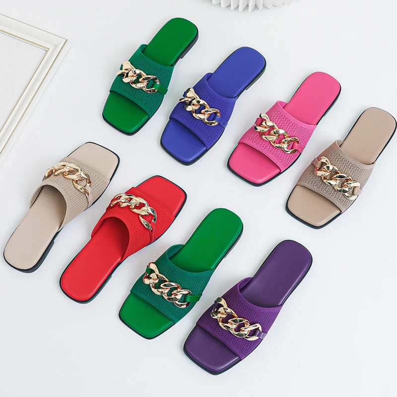 Женские плоские тапочки с модными железными цепочками Удобная нескользящая