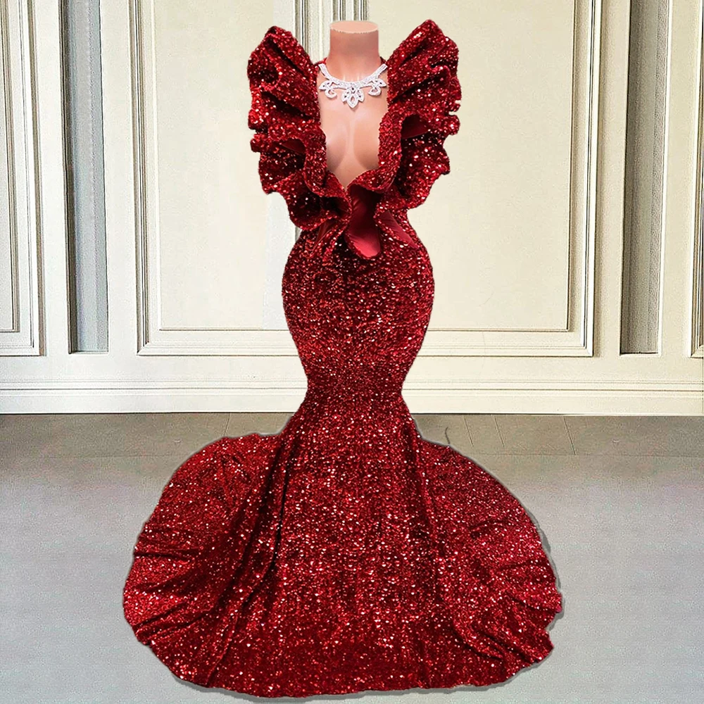

Sparkly Sequin Long Prom Dresses 2022 for Black Girl Mermaid V-Neck Ruffles Sleeveless Burgundy Formal Gala Party Evening Gown