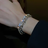 fashion geometric crystal bracelet for women silver color chain double layer bracelets bangles punk party jewelry gifts