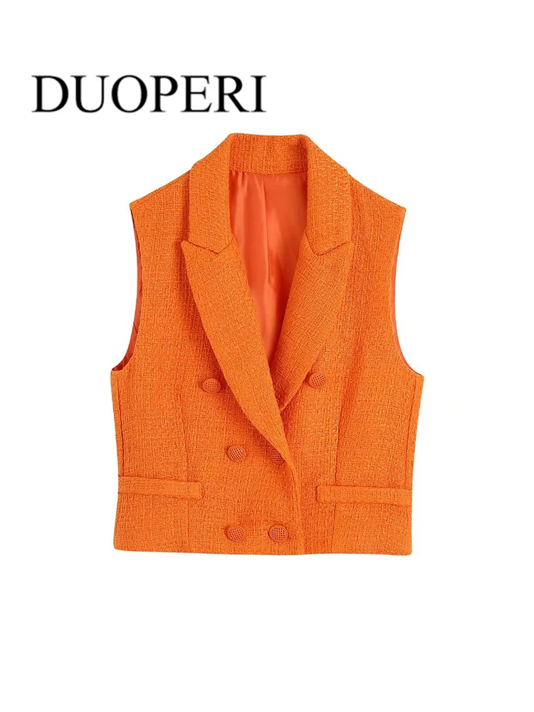 

DUOPERI Women Fashion Tweed Cropped Waistcoat Vintage Lapel Collar Front Buttons Sleeveless Vest Female Outerwear Chic Tops