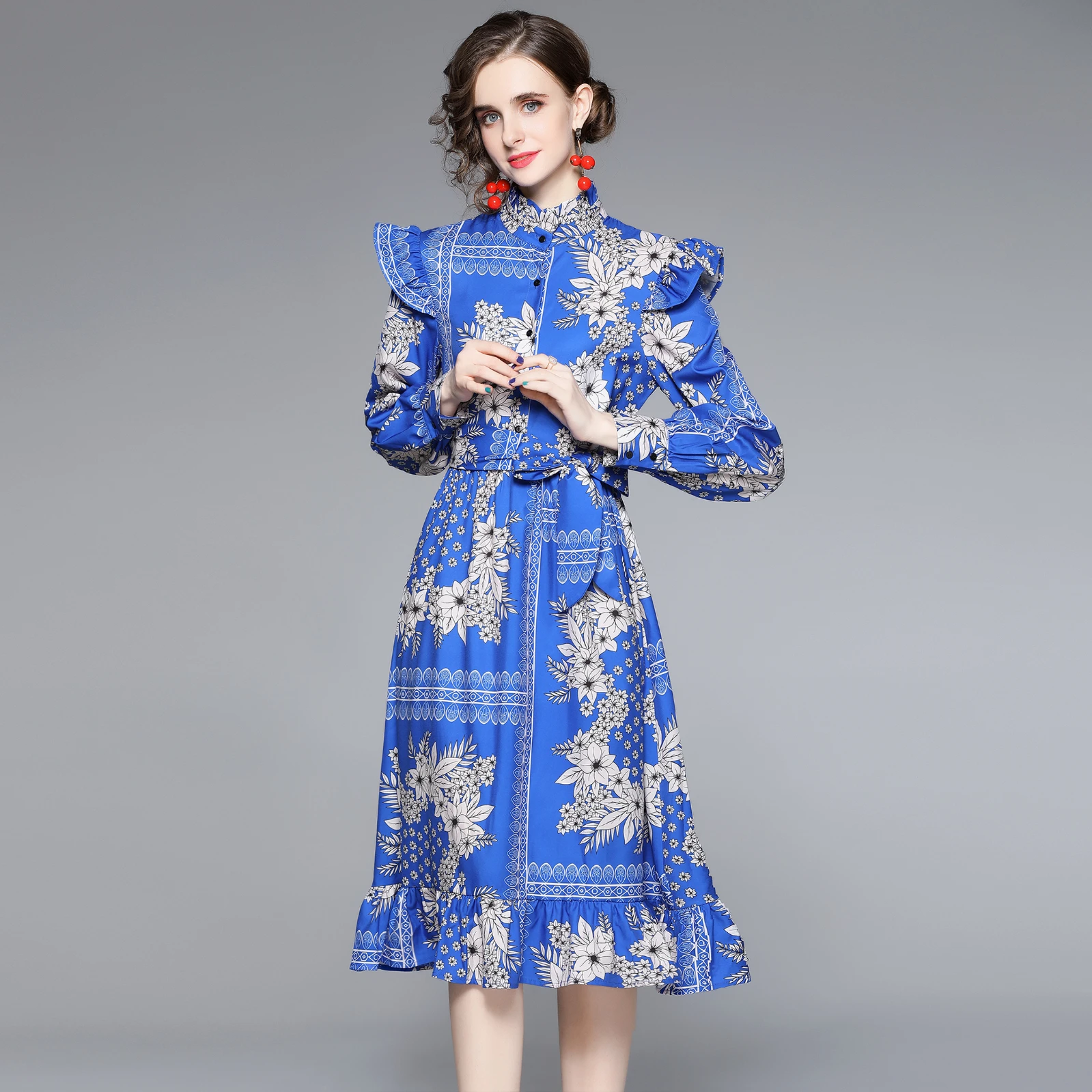 

Fashion Runway Shirt Dress Autumn 2022 Flower Print Dress Women Elegant Long Sleeve Ruffles Belt A Line Midi Vestidos