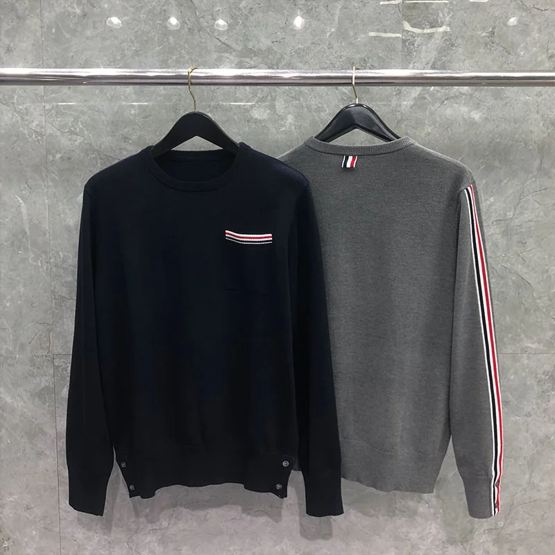 

TB THOM Sweaters Autumn Winter Sweater Male Fashion Brand Coat Fine Merino Wool Patchwork Stripe Crewneck Pullover TB Sweaters