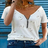2022 summer fashion casual zipper short sleeve loose oversized t shirt top v neck heart print pullover tee tshirt women clothing