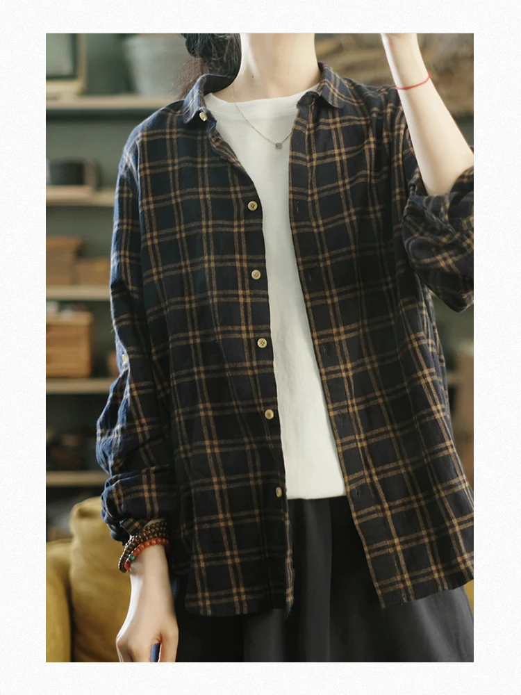 

117-123cm Bust / Spring Women All-match Basic Loose Plaid Comfortable Natural Fabric Water Washed Cotton Shirts/Blouses