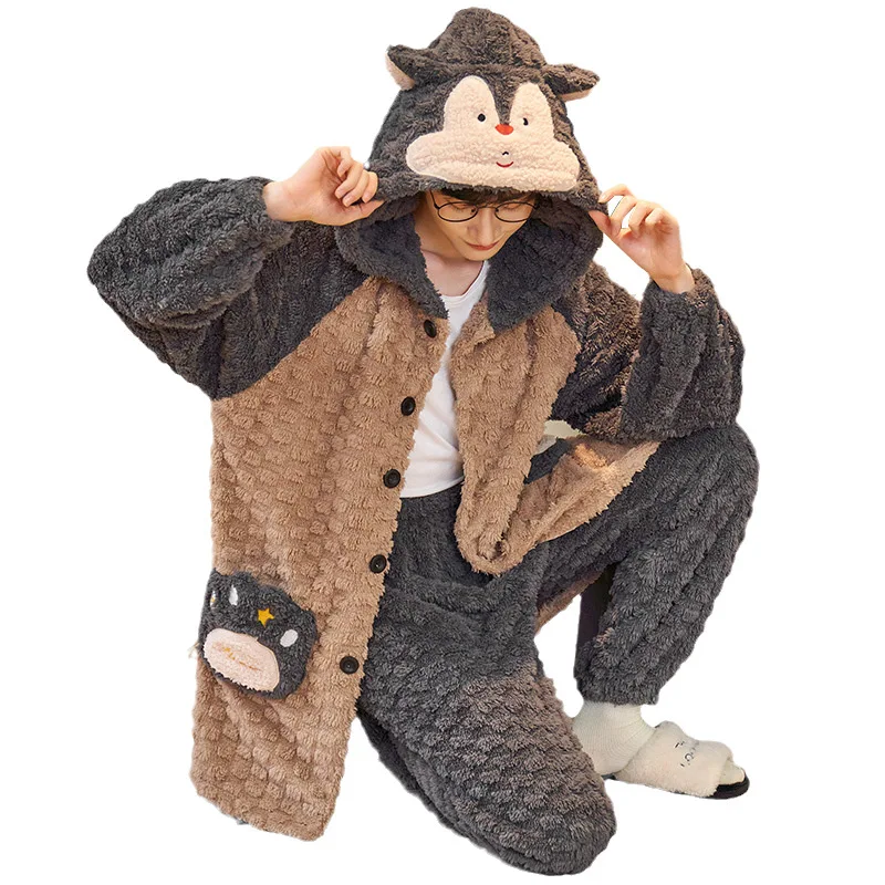 FUNISHI Men Sleepwear Plus Size 4XL Winter Pajamas Flannel Loose Version Inspissate Pullover Nightgown Coral Fleece Pajama Set