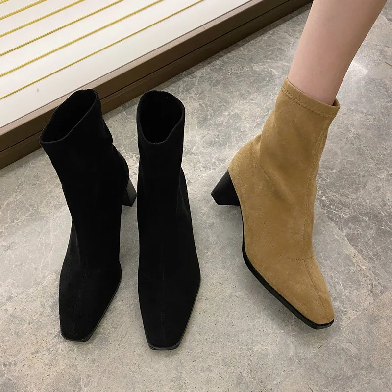 

Black Boots Female Women Shoes Fall Elastic Force Ankle Boots Casual Low Heeled Goth Boots High Heels 2022 Bottines Femme