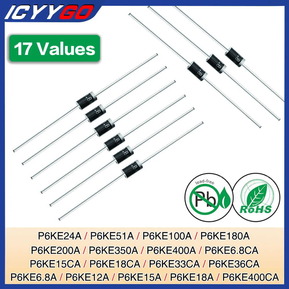 17-значения TVS Diode P6KE6.8A P6KE12A P6KE15A P6KE18A P6KE24A P6KE51A P6KE100A P6KE180A P6KE200A P6KE350A P6KE400A P6KE6.8CA DO-15