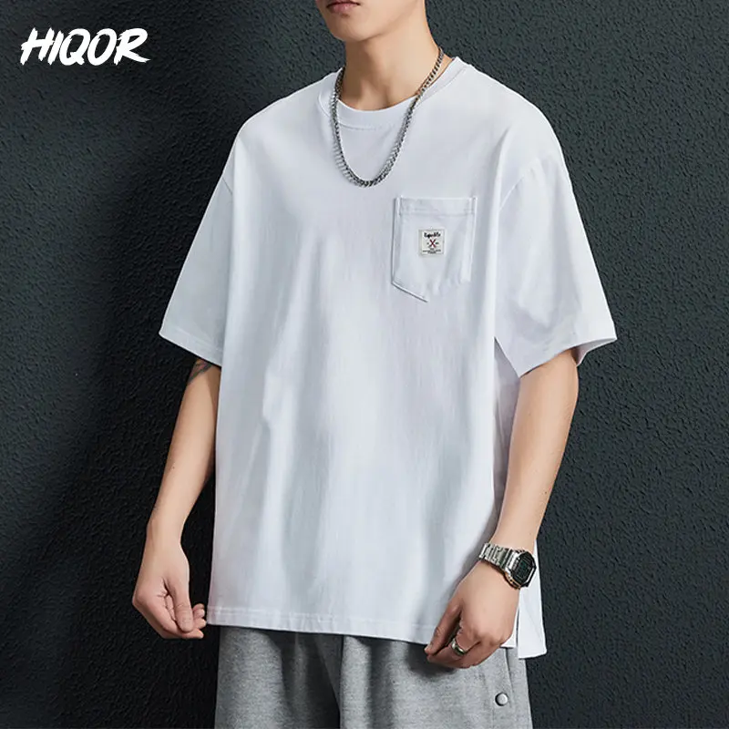 

HIQOR Men Casual 100% Cotton Hip Hop Tops Fashion Personality Japan Style Summer Tees Round Neck Brown Black Streetwear T Shirt