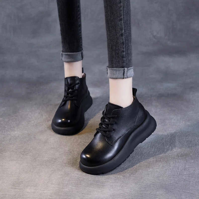 DRKANOL/женские ботинки из натуральной кожи ботильоны на танкетке и массивной