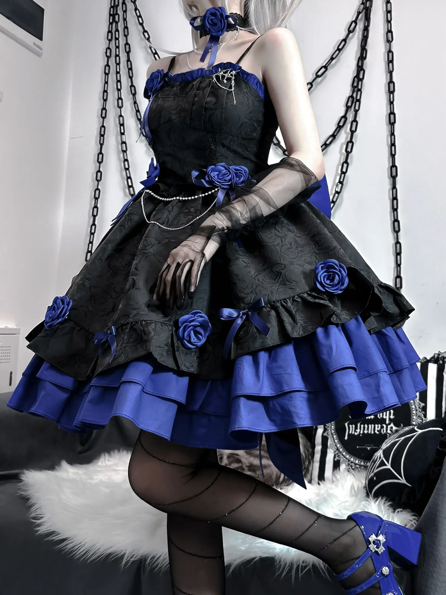 

Pre sale Kikyo House Romantic Contract lolita Gemini Black Red Black Blue Dark Black Gothic Strap Short Skirt