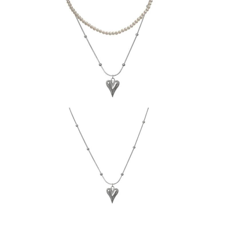 

Heart Pendant Charm Necklace Korean Double Layer Pearl Necklaces Clavicle Chain