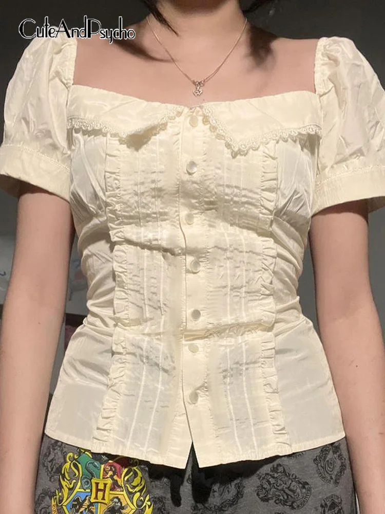 

Cuteandпсихокорейский милый лоскутный ретро Топ с оборками Y2K квадратный воротник футболки с коротким рукавом эстетические женские наряды 1920-...