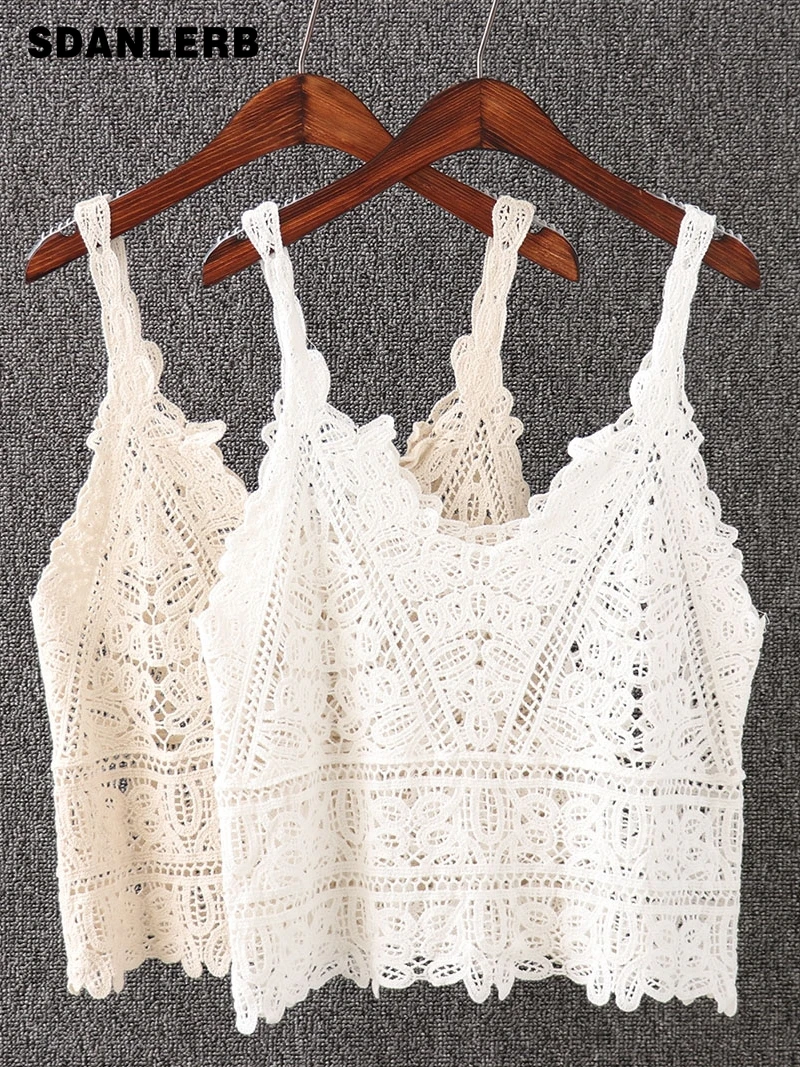 

Off-Shoulder Sleeveless Vacation Water Soluble Lace Braces Bandeau Outer Wear Short Hollow Vest Women's Summer V-neck Tank Top