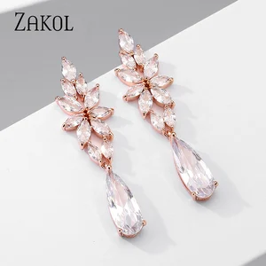 Imported ZAKOL Rose Gold Color Luxury Long Dangle Leaves Water Drop Elegant CZ Earrings for Women Bridal Wedd