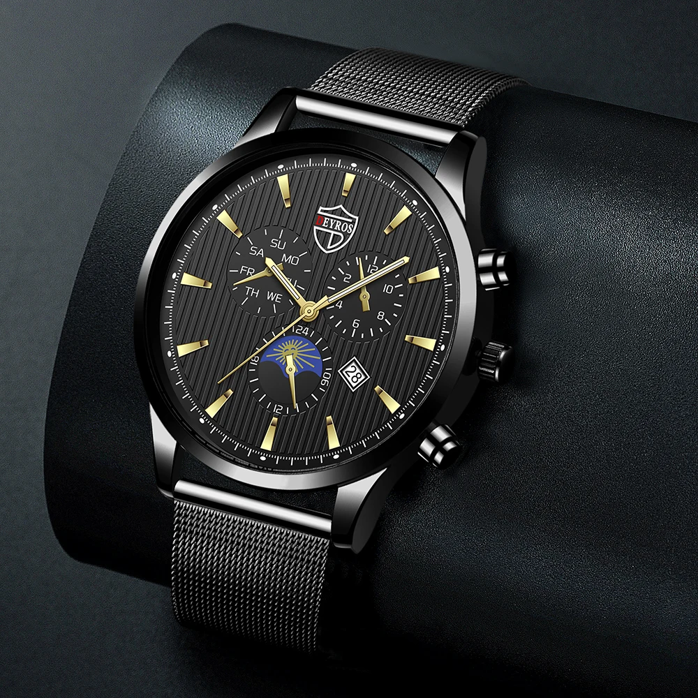 

Fashion Mens Watches Luxury Gold Stainless Steel Mesh Belt Quartz Wristwatch Men Business Casual Leather Watch relogio masculino