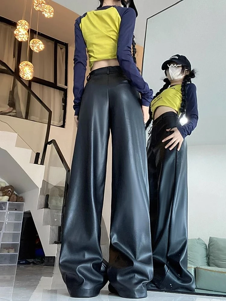 Оригинальные осенне-зимние прямые широкие брюки из искусственной кожи в