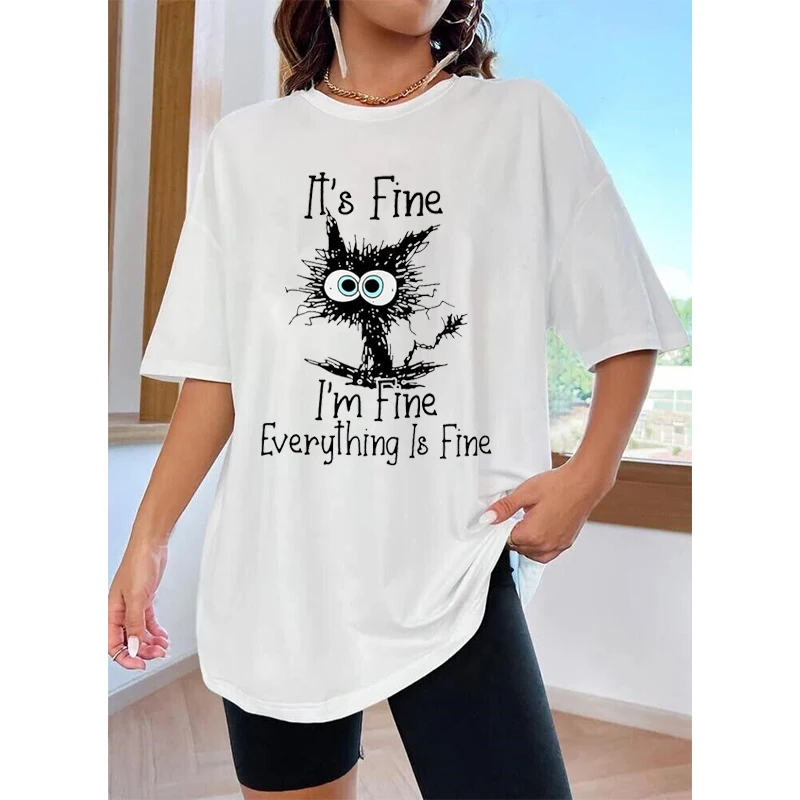 

Cat Funny T-shirt Cotton White I Am Fine Everything Is Fine Print Top Fashion Casual Women Men Cartoon Tee Cute Anime Streetwear