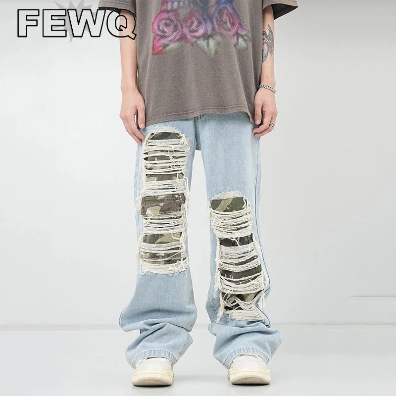 

FEWQ Patch Ripped Jeans Men's Y2k Jeans Streetwear Male Vintage Denim Pants Straight Hip Hop Straigh Trousers 2023 New 24B2495