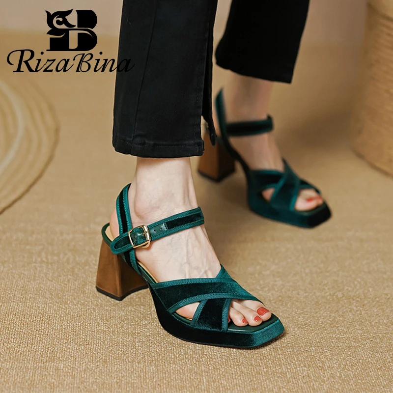 

RIZABINA Women Heeled Sandals Genuine Leather Square Toe Roman Straps Buckle Mid Heel Suede Ladies Summer Shoes Fashion Designer